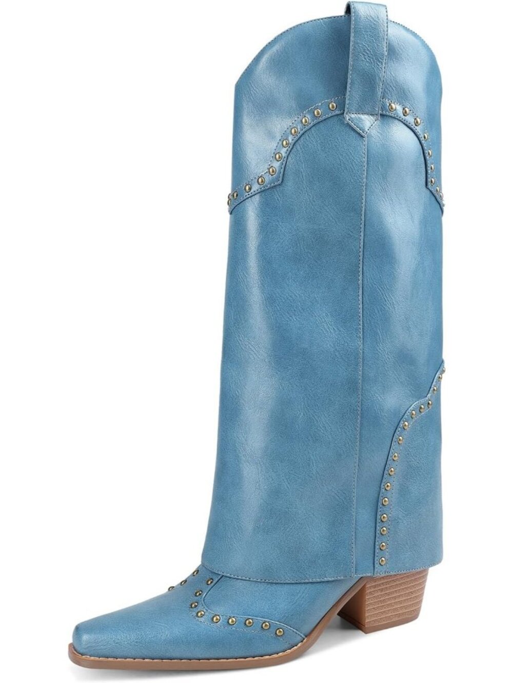 Women Shark Boots Knee High Blue Cowgirl Fold Over Chunky Heel Snip Toe Pull On